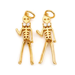 Real 18K Gold Plated Halloween Brass Micro Pave Cubic Zirconia Pendants, with Jump Ring, Skeleton Man, Clear, Real 18K Gold Plated, 24x7.5x3mm, Hole: 3.5mm