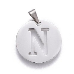 Letter N 201 Stainless Steel Pendants, Flat Round with Letter, Stainless Steel Color, Letter.N, 24.5x19.7x1.3mm, Hole: 4x3mm