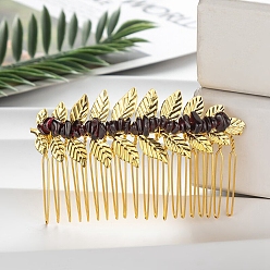 Garnet Leaf Natural Garnet Chips Hair Combs, with Iron Combs, Hair Accessories for Women Girls, 45x80x10mm