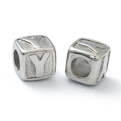 Letter Y 304 Stainless Steel European Beads, Large Hole Beads, Horizontal Hole, Cube with Letter, Stainless Steel Color, Letter.Y, 8x8x8mm, Hole: 4mm