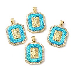 Real 18K Gold Plated Rack Plating Brass Micro Pave Cubic Zirconia with Synthetic Opal Pendants, with Jump Ring, Lead Free & Cadmium Free, Long-Lasting Plated, Rectangle with Saint, Real 18K Gold Plated, 23.5x18x3mm, Hole: 5x3.3mm
