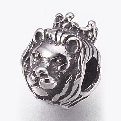 Argent Antique 316 perles européennes chirurgicales en acier inoxydable, Perles avec un grand trou   , lion avec une couronne, argent antique, 12x9x10mm, Trou: 4.5mm