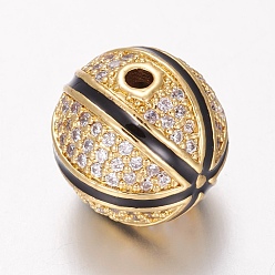 Golden Brass Micro Pave Cubic Zirconia Beads, with Enamel, Basketball, Black, Golden, 12mm, Hole: 1.5mm