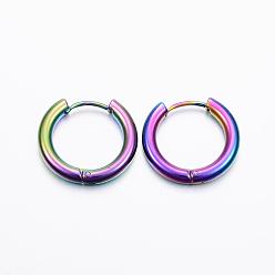 Rainbow Color Placage ionique (ip) 304 boucles d'oreilles en acier inoxydable huggie hoop, boucles d'oreilles hypoallergéniques, avec 316 goupille chirurgicale en acier inoxydable, couleur arc en ciel, Jauge 9, 15x16.5x3mm, pin: 1 mm, diamètre intérieur: 10 mm