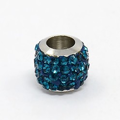 Blue Zircon Brass Pave Polymer Clay Grade A Rhinestone Column European Beads, Blue Zircon, 8.5x7.5mm, Hole: 5mm