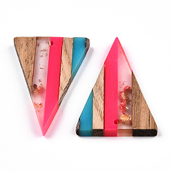 Deep Pink Transparent Resin & Walnut Wood Pendants, with Gold Foil, Triangle Charm, Deep Pink, 32.5x21.5x3.5mm, Hole: 2mm