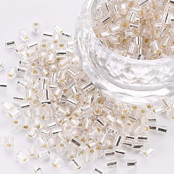Floral White 8/0 Glass Bugle Beads, Silver Lined, Floral White, 2.5~3x2.5mm, Hole: 1mm, about 15000pcs/pound