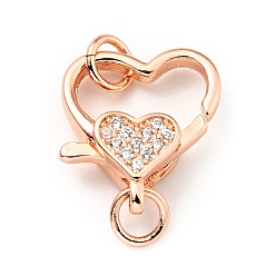 Rose Gold Brass Micro Pave Clear Cubic Zirconia Heart Lobster Claw Clasps, with Double Jump Rings, Cadmium Free & Lead Free, Rose Gold, 21mm, Hole: 3.5mm