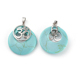 Synthetic Turquoise Synthetic Turquoise Pendants, with Platinum Tone Brass Findings, Flat Round with Om Symbol, Dyed, 32~32.5x28x7~7.5mm, Hole: 5x8mm