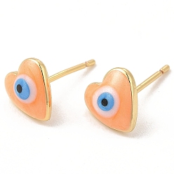 Naranja Aretes de corazón esmaltado con mal de ojo, joyas de latón chapado en oro real 18k para mujer, naranja, 8x8 mm, pin: 0.7 mm