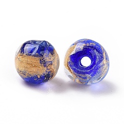 Azul Perlas de cristal hechas a mano la hoja de oro, rondo, azul, 10x9~10 mm, agujero: 1.6~2 mm