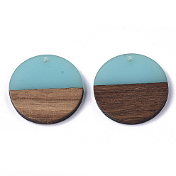 Turquoise Pendentifs en résine transparente et bois de noyer, plat rond, turquoise, 28.5x3.5~4mm, Trou: 1.5mm