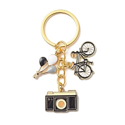 Golden Hot Air Balloon/Camera/Bicycle Alloy Enamel Pendant Keychain, with Iron Findings, Golden, 6.95cm