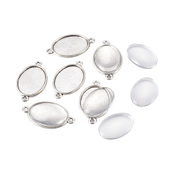 Antique Silver DIY Link Making, with Tibetan Style Alloy Cabochon Connector Settings and Glass Cabochons, Oval, Antique Silver, 36x20.5x1.5mm, Hole: 2mm