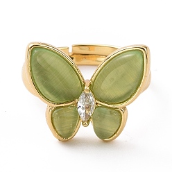 Yellow Green Cat Eye Butterfly Adjustable Ring with Clear Cubic Zirconia, Real 18K Gold Plated Brass Jewelry for Women, Cadmium Free & Lead Free, Yellow Green, Inner Diameter: 18~21mm