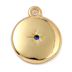 Royal Blue Brass Micro Pave Cubic Zirconia Charms, Long-Lasting Plated, Real 18K Gold Plated, Flat Round with Star, Royal Blue, 12x10x2mm, Hole: 1.2mm