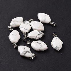 Howlite Natural Howlite Pendants, Hamsa Hand Charms, with Platinum Plated Alloy Snap on Bails, 24~24.5x15x7mm, Hole: 5.5x3mm