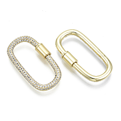 Clear Brass Micro Pave Cubic Zirconia Screw Carabiner Lock Charms, for Necklaces Making, Oval, Nickel Free, Real 16K Gold Plated, Clear, 35x19x3mm, Screw: 8x5mm