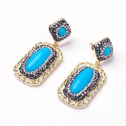 Synthetic Turquoise Dyed Synthetic Turquoise Dangle Stud Earrings, with Glass Rhinestone and Brass Findings, Real 18K Gold Plated, Long-Lasting Plated, Rectangle and Rhombus, 47mm, Pin: 0.8mm