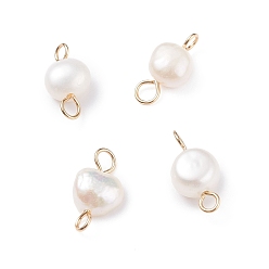 Blanco Colgantes de conector de perlas de agua dulce cultivadas naturales, con tono dorado 304 trabillas de acero inoxidable, pepitas, blanco, 13~14x6.5~7.5x4~5 mm, agujero: 2~2.5 mm