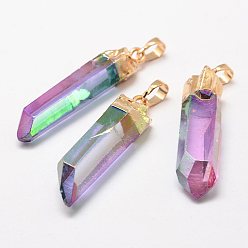 Golden Electroplate Natural Quartz Crystal Pointed Pendants, with Brass Findings, Faceted, Bullet, Golden, 43~65x9~15x8~15mm, Hole: 5x8mm