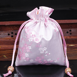 Pearl Pink Chinese Style Flower Pattern Satin Jewelry Packing Pouches, Drawstring Gift Bags, Rectangle, Pearl Pink, 14x11cm