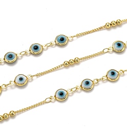 Golden Brass Curb Chains, with Glass, Spool, Long-Lasting Plated, Soldered, Evil Eye, Golden, Links: 1.6x1.3x0.4mm, Beads: 3mm, Evil Eye: 12.5x6.7x2.9mm