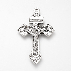 Antique Silver Tibetan Style Alloy Big Pendants, For Easter, Crucifix Cross with Word, Cadmium Free & Lead Free, Antique Silver, 55.5x34x8mm, Hole: 3mm