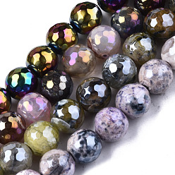 Mixed Color Natural Agate Beads Strands, Pearl Luster Plated, Faceted, Round, Mixed Color, 9~10mm, Hole: 1mm, about 37pcs/strand, 14.17 inch~14.57 inch(36~37cm)