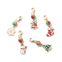 Mixed Color Christmas Theme Alloy Enamel Pendant Decorations, with Brass Lobster Claw Clasps and Spray Painted Resin Round Beads, Bell/Tree/Sock/Snowman/Snowflake, Mixed Color, 46~48mm