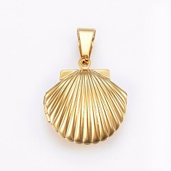 Real 18K Gold Plated 316 Stainless Steel Locket Pendants, Scallop, Real 18k Gold Plated, 23.5x22x9mm, Hole: 10x5mm, Inner Size: 14x15mm