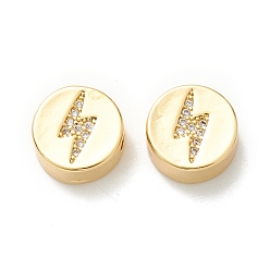 Real 18K Gold Plated Rack Plating Eco-Friendly Brass Beads, Micro Pave Clear Cubic Zirconia, Long-Lasting Plated, Cadmium Free & Lead Free, Flat Round with Lightning Bolt, Real 18K Gold Plated, 11x5.1mm, Hole: 2.1mm