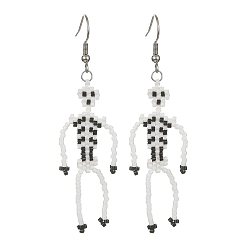 White MIYUKI Delica Beaded Skeleton Dangle Earrings, 304 Stainless Steel Long Drop Earrings, White, 71.5mm