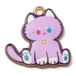 Lilac Printed Alloy Pendants, Golden, Cadmium Free & Nickel Free & Lead Free, Cat Shape Charms, Lilac, 20x20x2mm, Hole: 1.6mm