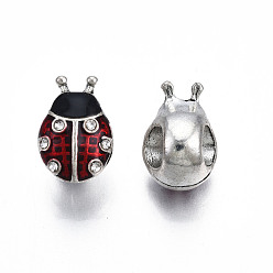Dark Red Rack Plating Alloy Enamel European Charms, with Crystal Rhinestone, Large Hole Beads, Cadmium Free & Lead Free, Antique Silver, Ladybird, Dark Red, 13x9x9mm, Hole: 5mm