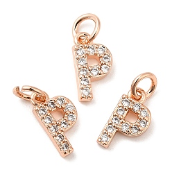 Real Rose Gold Plated Brass Micro Pave Grade AAA Cubic Zirconia Charms, Letter P, Cadmium Free & Nickel Free & Lead Free, Real Rose Gold Plated, 9x4.5x1.5mm, Hole: 2mm