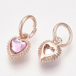 Pearl Pink Glass Pendants, with Alloy Findings, Faceted, Heart, Rose Gold, Pearl Pink, 11.5x8.5x4.5mm, Hole: 6.5mm