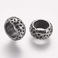 Plata Antigua 304 bolas de acero inoxidable, Rondana plana, abalorios de grande agujero, plata antigua, 10x5 mm, agujero: 6.5 mm