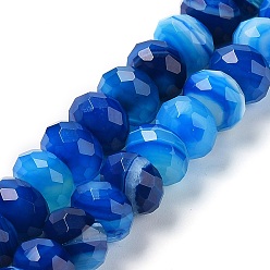 Bleu Agate à bandes naturelles / brins de perles d'agate à rayures, teints et chauffée, facettes rondelle, bleu, 10~10.5x6.5~7mm, Trou: 1mm, Environ 58 pcs/chapelet, 15.31~15.43'' (38.9~39.2 cm)