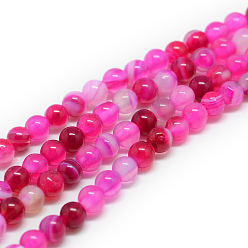 Magenta Natural Striped Agate/Banded Agate Bead Strands, Dyed, Round, Magenta, 4mm, Hole: 1mm, about 96pcs/strand, 14.56 inch