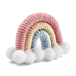 Pink Polycotton(Polyester Cotton) Woven Rainbow Wall Hanging, Macrame Woven Rainbow with Pompom, Pink, 35~37x48~52x16~17.5mm