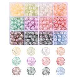 Mixed Color 300Pcs 12 Colors Translucent Crackle Glass Beads Strands, with Glitter Powder, Round, Mixed Color, 8x7.5mm, Hole: 1mm, 25pcs/color