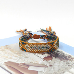 Verge D'or Foncé Bracelet cordon polyester tressé motif losange, bracelet brésilien réglable ethnique tribal pour femme, verge d'or noir, 5-7/8 pouce (15 cm)