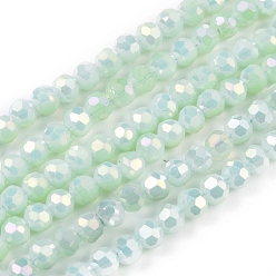 Light Green Faceted(32 Facets) Round Full Rainbow Plated Electroplate Glass Beads Strands, Light Green, 4mm, Hole: 1mm, about 90~95pcs/strand, 12.8~13.6 inch(32~34cm)