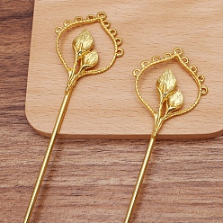Golden Iron Hair Stick Findings, with Alloy Flower and Loops, Golden, 156x36x6mm