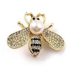 Jet Broche en alliage d'abeille avec perle en résine, Épinglette d'insecte en strass exquise pour fille femme, or, jet, 29x40x12.5mm, pin: 0.8 mm