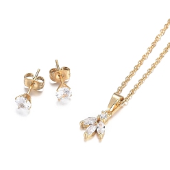 Golden 304 Stainless Steel Rhinestone Jewelry Sets, Flower Pendant Necklaces and Stud Earrings, Cable Chains, Lobster Claw Clasps and Ear Nuts, Crystal, Golden, 18.11 inch(46cm), 15x5.5mm, Pin: 0.7mm