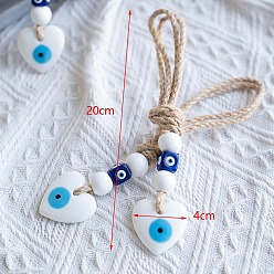 White Glass Heart with Evil Eye Pendants Decorations, with Wood Bead and Jute Rope Wall Hanging Ornaments, White, 200x40mm