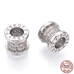 Real Platinum Plated Rhodium Plated 925 Sterling Silver Micro Pave Cubic Zirconia Beads, Column with Word Beauty, Nickel Free, Real Platinum Plated, 8.5x8mm, Hole: 4.5mm
