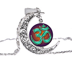 Spring Green Moon with Sun Glass Pendant Necklace, Om Aum Ohm Yoga Theme Alloy Jewelry for Women, Spring Green, 17.72 inch(45cm)